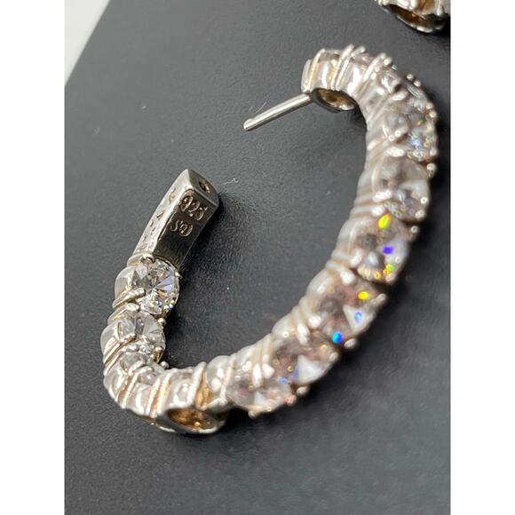 SD Signed Sterling Silver CZ In & Out Huggie Hinged Hoop Round Earrings - Picture 10 of 14